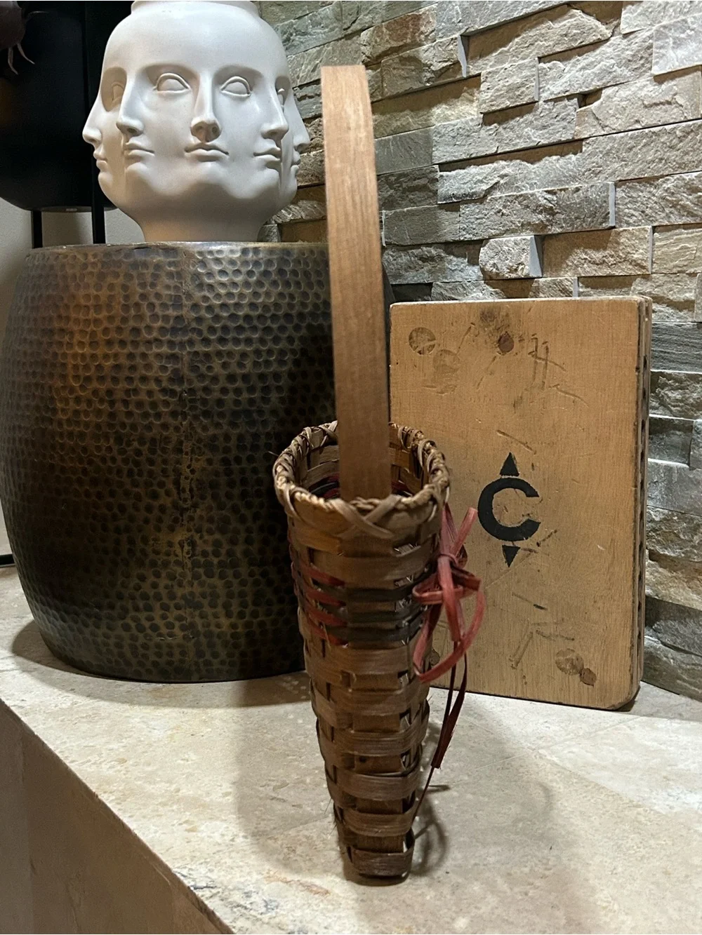 hand-woven wall or door hung wooden splint basket